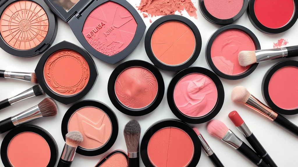 Flat lay arrangement of various blush products including powder, cream, and liquid formulas in different shades ranging from warm peachy tones to cool berry hues, with professional makeup brushes arranged artistically