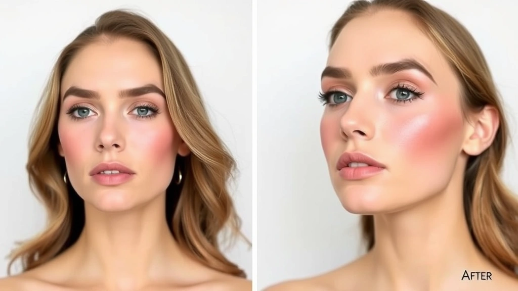 Before and after comparison showing a woman's face with contouring and blush applied in different placements for various face shapes, demonstrating how blush positioning changes the face structure appearance