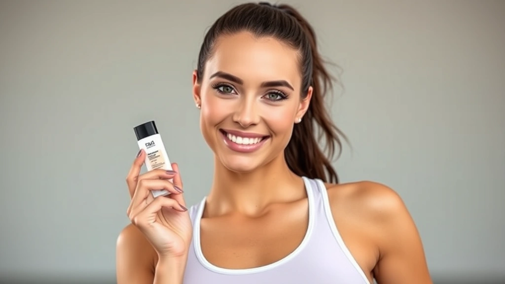 Athletic woman with flawless makeup holding beauty primer bottle, natural skin with full coverage foundation, soft arena lighting, confident smile, showcasing makeup durability