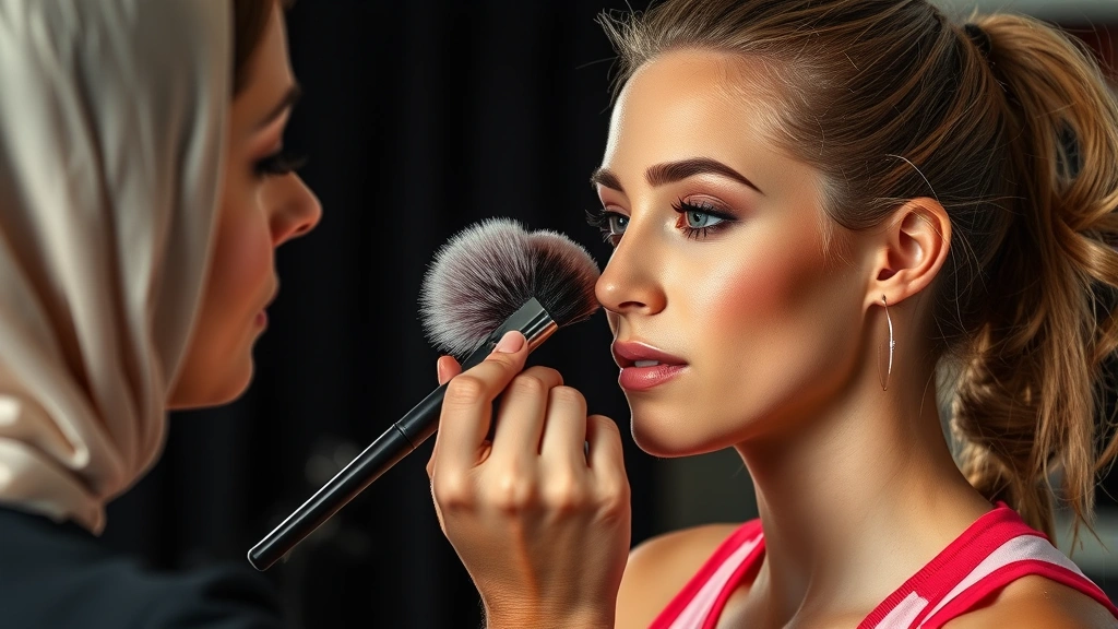 Makeup artist blending peachy blush on athlete's cheekbones with fluffy brush, professional lighting setup, neutral lip color visible, demonstrating makeup technique precision