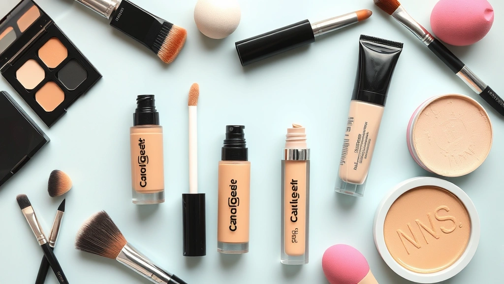 Flat lay collection of five different concealer products in various formulas - liquid, stick, cream, and powder - arranged beautifully with makeup brushes and beauty sponges, showing diversity of concealer types available