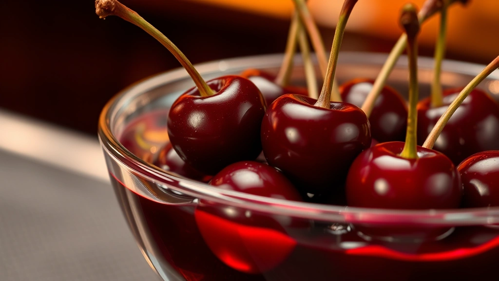 Close-up of dark Luxardo maraschino cherries in glass bowl with syrup, professional bar setting, soft lighting highlighting cherry gloss and deep burgundy color