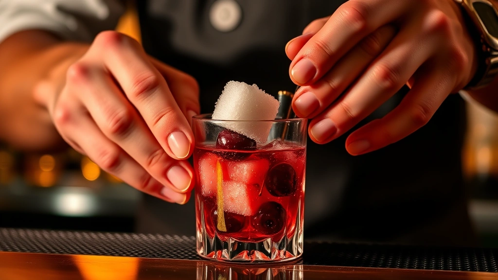 Bartender's hands muddling fresh cherry with sugar cube in crystal mixing glass, showing juice release and cherry texture, warm bar lighting