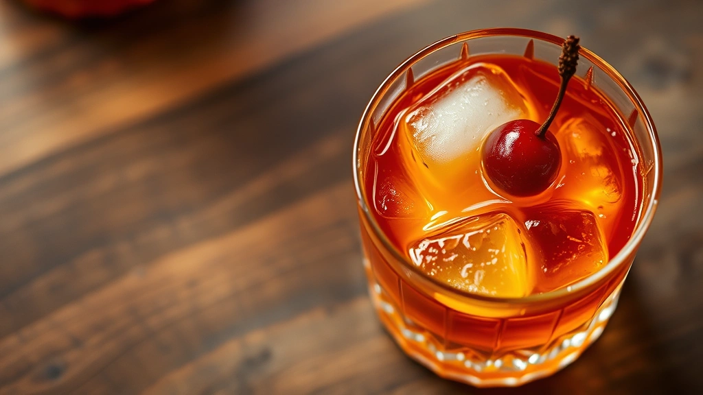 Overhead shot of finished Old Fashioned cocktail with single Luxardo cherry garnish, amber whiskey in crystal glass with ice, elegant presentation on wooden bar