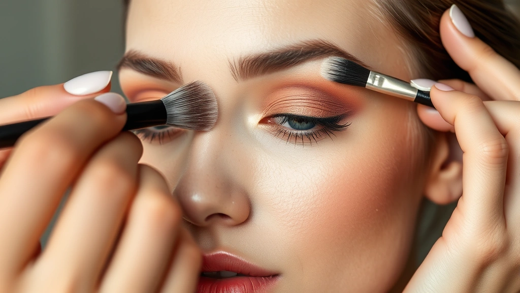 Professional makeup artist applying warm-toned eyeshadow to model's eyelid with precision blending brush, close-up of eye makeup technique, natural lighting, flawless skin preparation visible