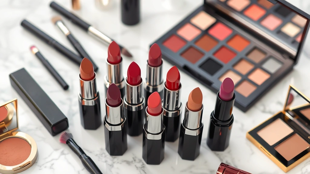 Luxury makeup collection displaying multiple lipstick shades in jewel tones and nudes arranged artfully, makeup brushes, palette, and cosmetic products on marble surface, professional product photography