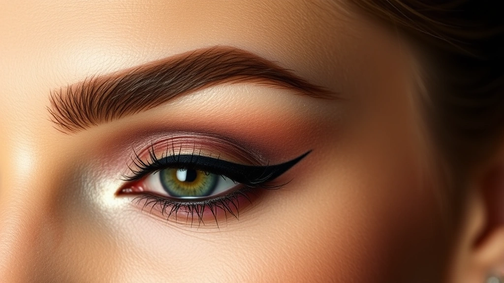 Close-up of perfectly groomed thick dark eyebrows and sharp winged eyeliner with smoky eyeshadow blend, professional makeup artistry, studio lighting, warm skin tone