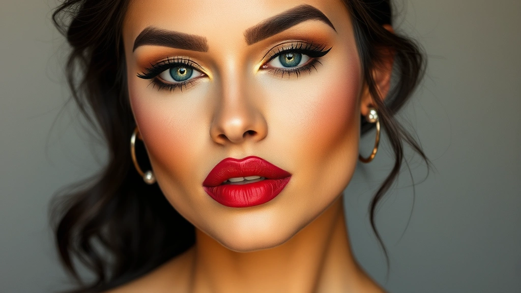 Full face Chicano makeup look featuring matte foundation, dramatic cut crease eyeshadow in browns and golds, defined winged liner, and bold red lipstick on model with medium skin tone