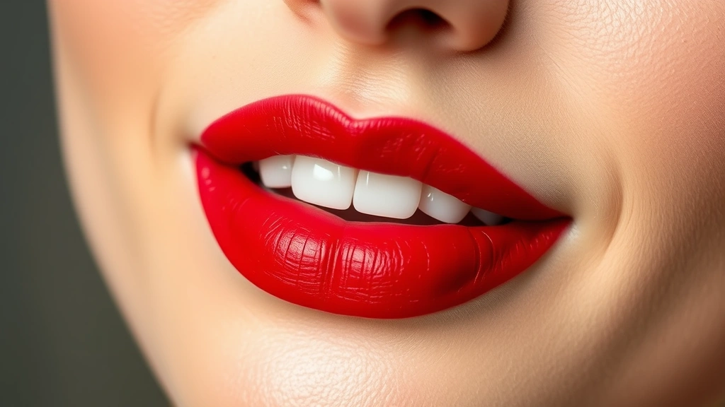 Detailed lip shot showing perfectly lined and filled bold red lipstick with precise application, smooth matte finish, professional makeup photography, natural studio lighting