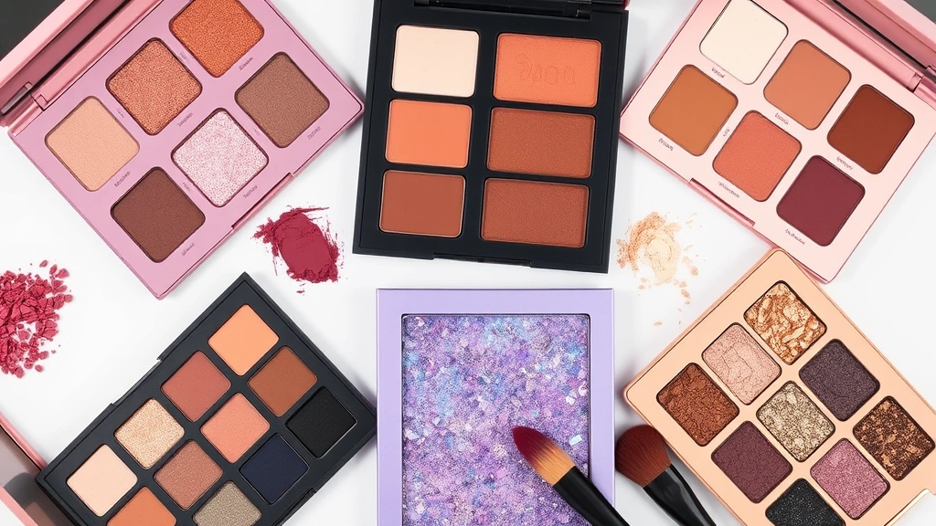 Flat lay of five different eyeshadow palettes arranged artistically showing diverse color stories including warm neutrals, cool jewel tones, and vibrant shimmers, with makeup brushes nearby