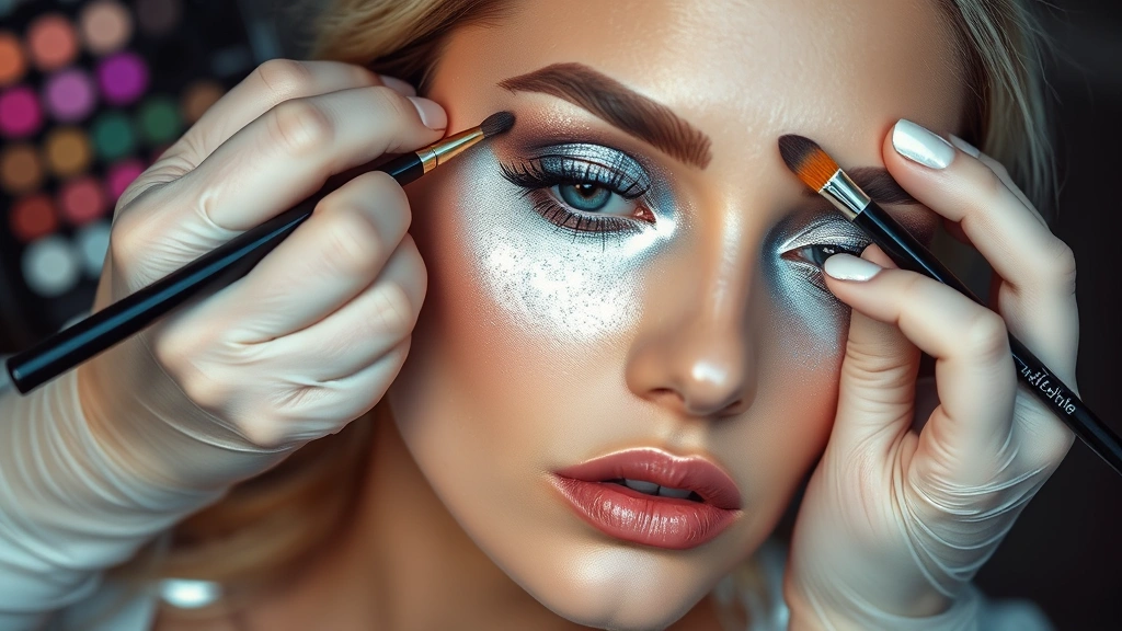 Overhead view of makeup artist's hands applying chrome silver highlighter to model's cheekbones and brow bones, with neon color swatches and precision brushes visible, professional lighting showing futuristic metallic finish