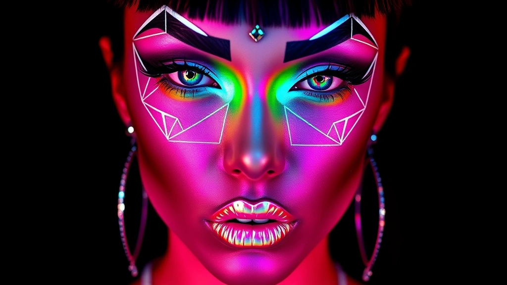 Full face cyberpunk makeup featuring holographic gradient eyeshadow transitioning from electric purple to acid green, geometric white liner patterns, neon pink lips with metallic overlay, and rhinestone accents on temples against dark background