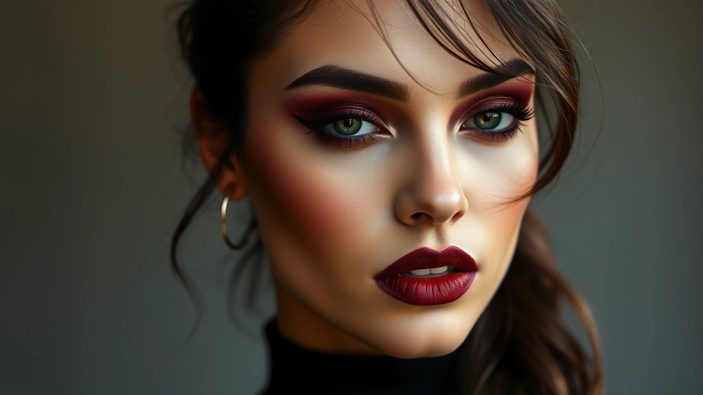 Professional makeup model wearing complete dark academia makeup with deep burgundy eyeshadow, subtle bronze contour, and wine-toned lipstick, natural lighting showcasing the sophisticated moody aesthetic