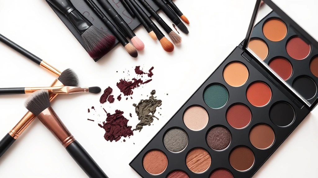 Makeup brush collection and dark eyeshadow palette open displaying rich jewel tones, burgundy, forest green, charcoal, and bronze shades arranged professionally on white surface