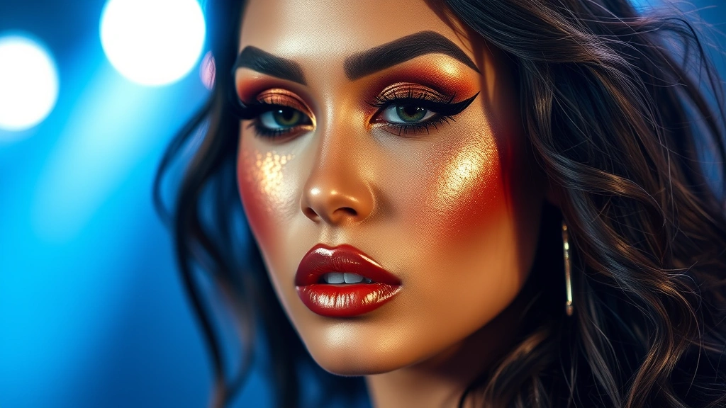 Full face disco makeup look featuring bronze and gold shimmer on cheekbones, glossy bronze lips, dramatic winged eyeliner, and luminous complexion with stage lighting