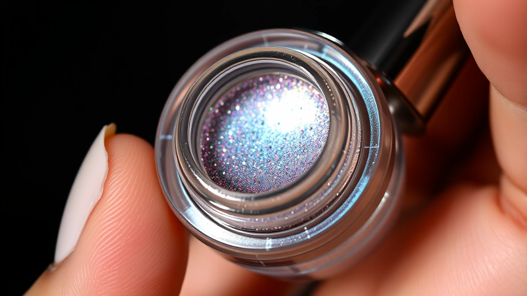 Detailed shot of a hand holding a metallic iridescent liquid eyeshadow product with visible shimmer particles, demonstrating the texture and reflective quality of disco makeup products