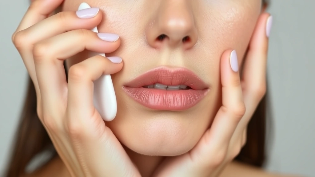Close-up of hands applying silicone-based primer to face with beauty sponge, emphasizing smooth texture and even application on oily skin