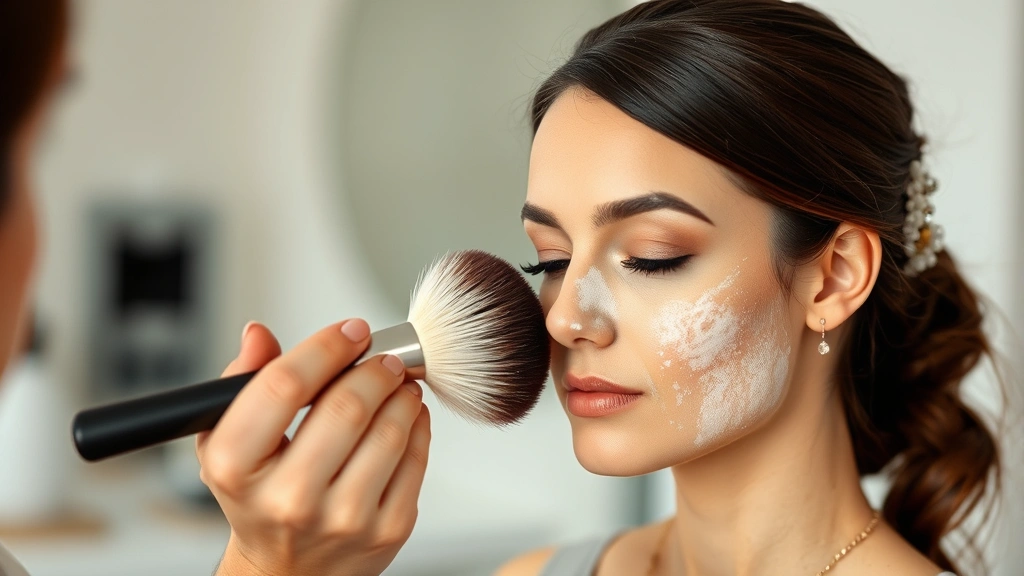Professional makeup artist demonstrating powder application technique with fluffy brush on model's face, showing feathering method near T-zone