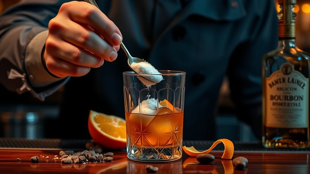 Professional bartender's hands muddling sugar and bitters in a crystal glass with a bar spoon, bourbon bottle and fresh orange peel visible nearby, moody bar lighting