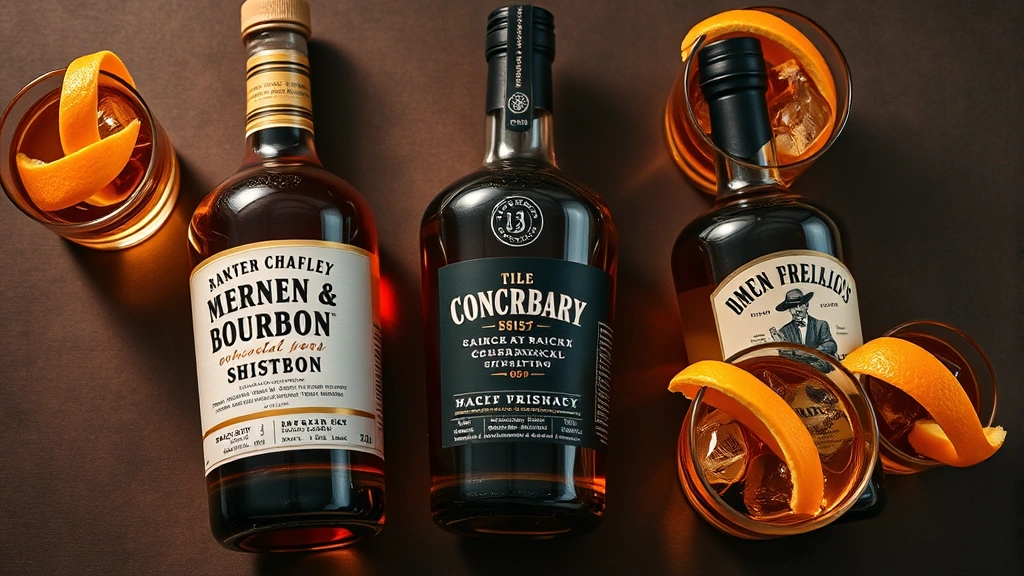 Top-down view of three different bourbon bottles with varying colors and labels, surrounded by Old Fashioned cocktails in crystal glasses, fresh orange twists as garnish, warm atmospheric lighting