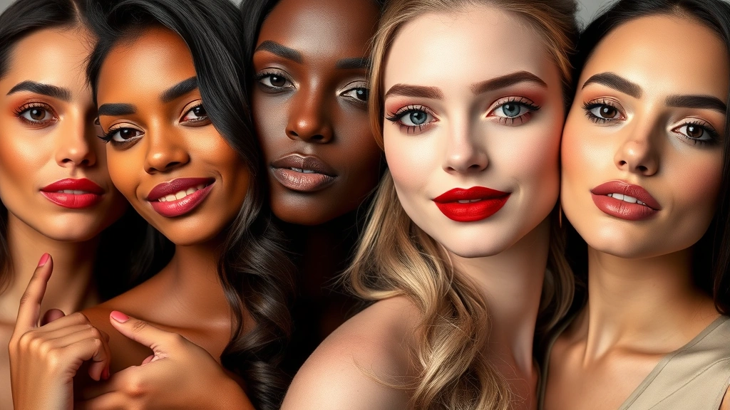 Diverse group of four women displaying different lipstick shades—warm coral on medium warm skin, deep burgundy on deep skin, cool berry on fair cool-toned skin, and nude bronze on medium skin, professional beauty photography
