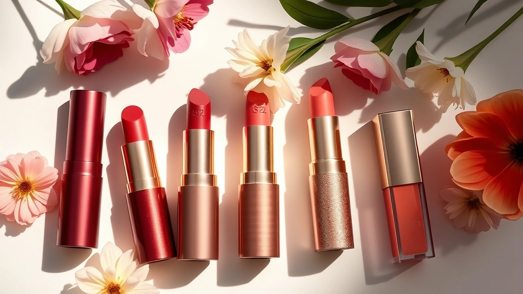 Flat lay beauty composition featuring five lipstick tubes in different finishes and shades, matte burgundy, satin rose, glossy nude, shimmer gold, and coral, arranged artistically with fresh flowers and natural light casting shadows