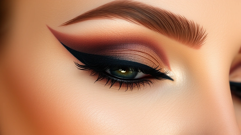 Professional makeup application showing bold smokey eye with multiple eyeshadow shades blended seamlessly, defined winged eyeliner, volumized mascara, warm skin tone
