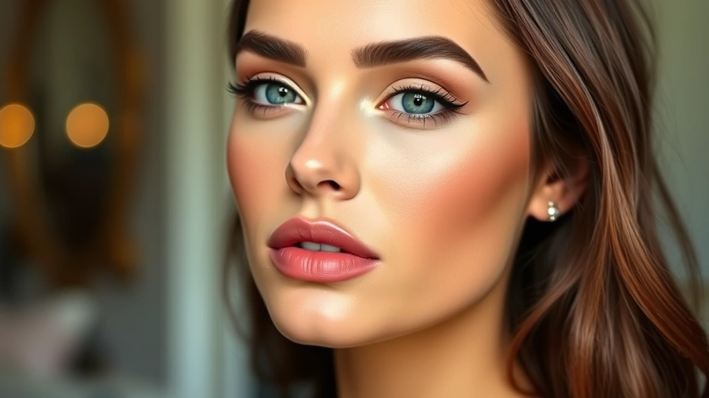 Full face makeup look featuring sculpted cheekbones with contour and highlight, neutral nude lip color, well-groomed eyebrows, professional lighting for photography