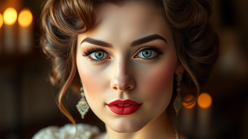 Woman's face showing complete Edwardian makeup look with full Gibson Girl hairstyle featuring voluminous waves pinned up, pale foundation, defined eyes with dark liner, soft pink lips, and overall refined elegant appearance in period-appropriate setting with warm candlelight