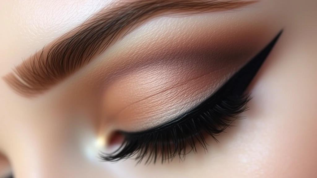 Detailed close-up of Edwardian eye makeup application showing soft brown and taupe eyeshadow on upper lid, dark eyeliner precisely applied along upper lash line, volumized mascara on upper lashes, subtle definition on lower lash line, with pale skin and groomed eyebrow visible