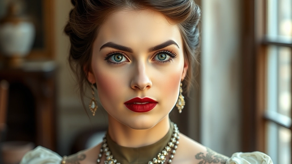 Woman in Edwardian-era costume displaying full face makeup with defined eyes, powdered pale skin, subtle peachy blush on cheeks, burgundy lip color, wearing period-appropriate jewelry and upswept hairstyle, natural indoor lighting