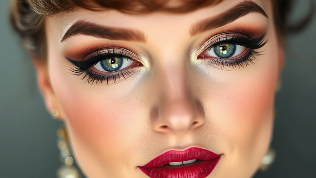 Detailed beauty shot of Edwardian makeup application showing eyeshadow blending technique with cool-toned palette, perfectly defined thin eyebrows, dark eyeliner creating almond eye shape, and Cupid's bow lip definition with wine-colored lipstick