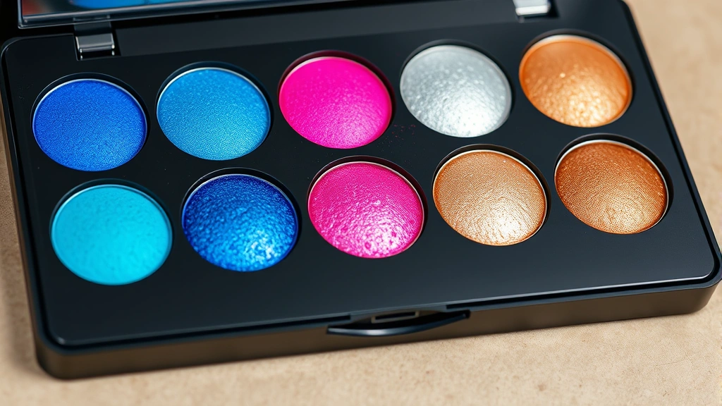 Vibrant 80s-inspired eyeshadow palette displaying electric blues, hot pinks, metallic silvers, and bronze tones with visible shimmer texture, arranged in gradient formation on neutral background