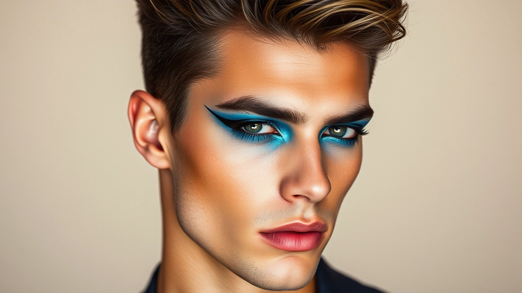 Male model wearing 80s-inspired makeup featuring electric blue metallic eyeshadow, sharp black eyeliner extending past outer corner, bronze contoured cheekbones, and dramatic lighting against neutral background