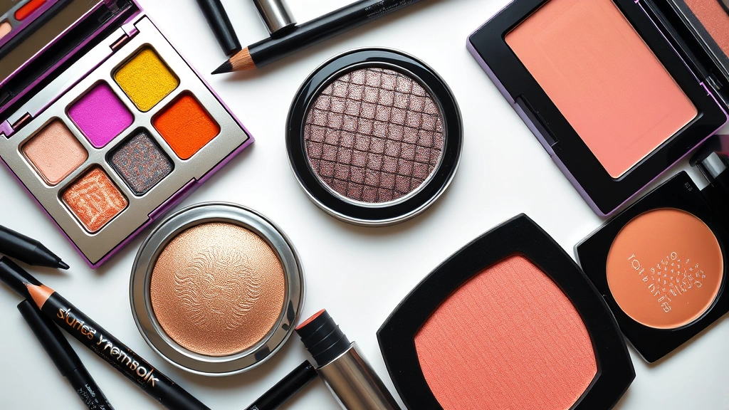 Flat lay of 80s makeup essentials including black pencil eyeliner, metallic eyeshadow compacts in neon colors, volumizing mascara tube, warm peachy blush, and shimmery highlighter arranged artistically