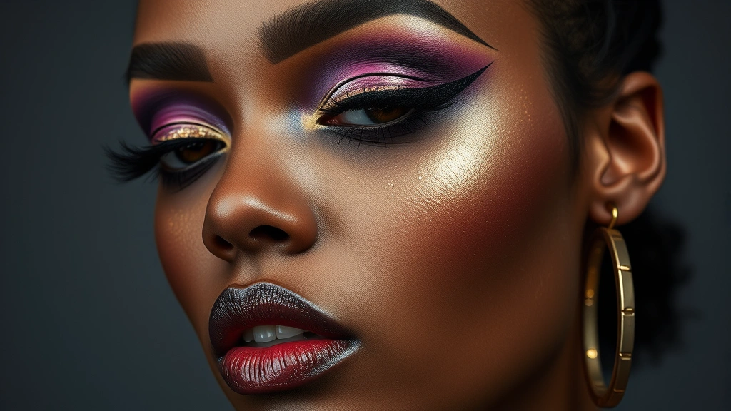 Maximalist eye makeup look with multiple colors including deep purple, gold glitter, and graphic black eyeliner on a diverse model, artistic and bold expression, studio lighting