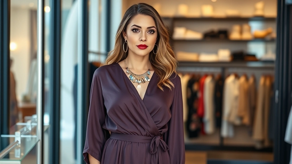 Fashion blogger styling a Fashion 21 wrap dress with layered jewelry and heels, indoor boutique setting with soft window lighting, natural makeup with warm tones and glossy lips
