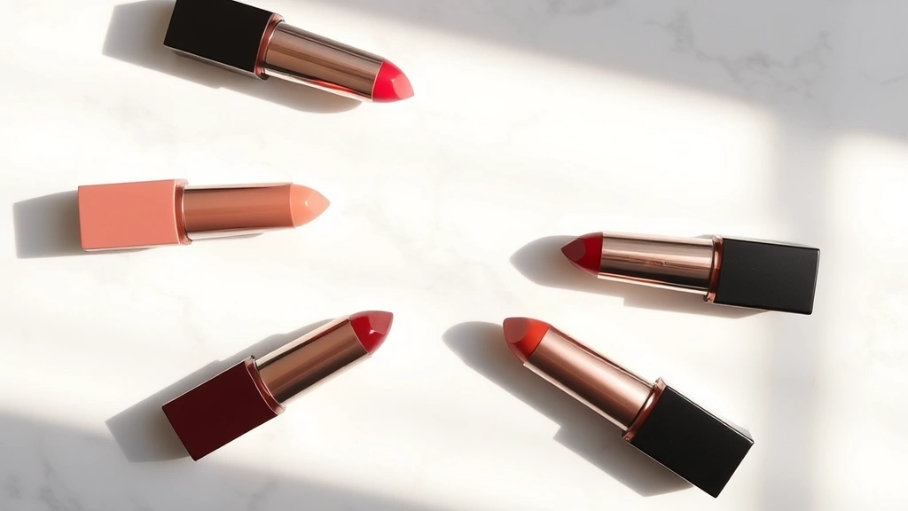 Flat lay of five different lipstick shades arranged in a semi-circle on marble surface: nude beige, classic red, burgundy, coral, and berry tones, morning sunlight casting soft shadows, showing color variation