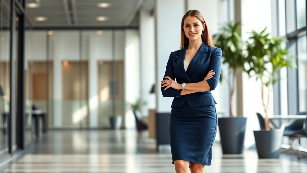 Professional woman in a tailored navy blue designer sheath dress with perfect fit, standing confidently in modern office setting, natural daylight emphasizing clean lines and polished appearance