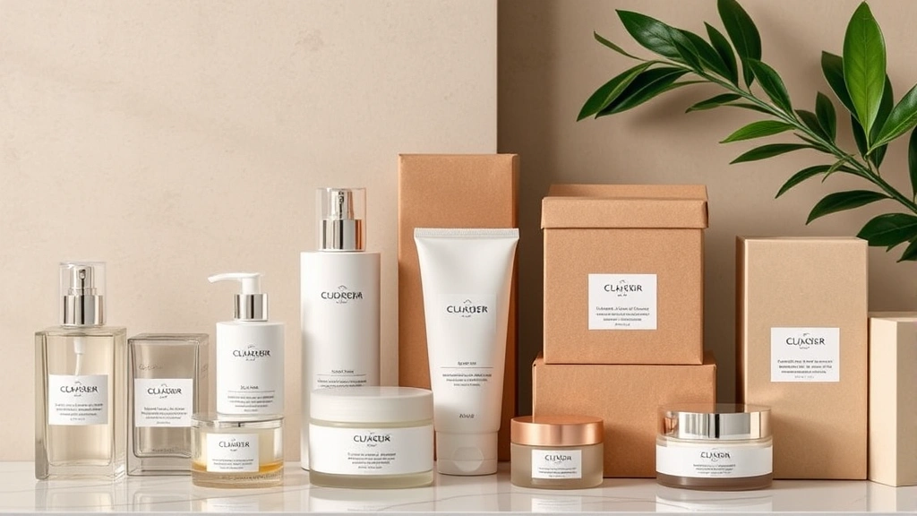 Luxury cosmetics packaging display featuring minimalist glass containers and sustainable cardboard boxes arranged artfully, emphasizing premium material choices and sophisticated brand aesthetic