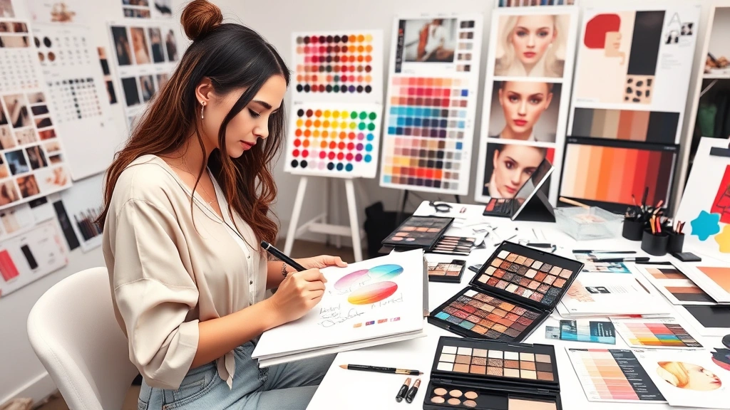 Fashion designer sketching makeup palette color combinations in design studio with color swatches, trend boards, and seasonal inspiration materials visible, showing creative process and color theory work