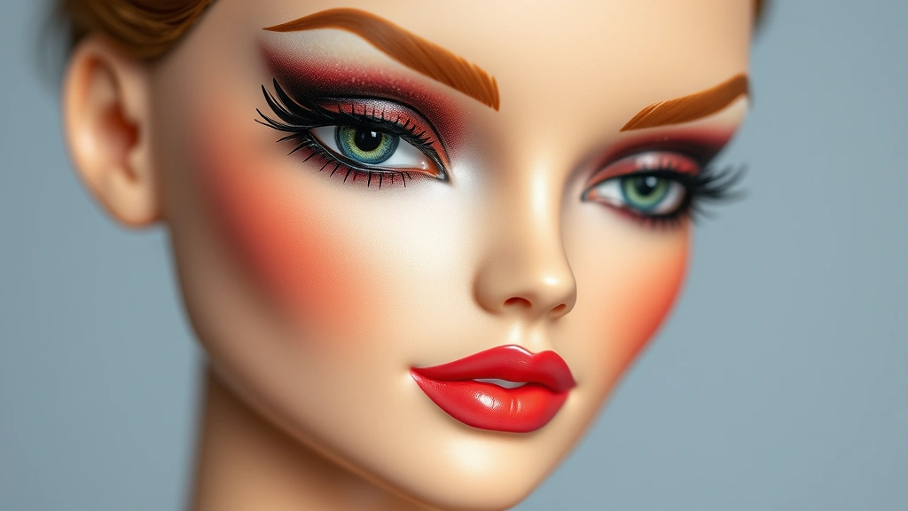 Close-up of a fashion doll's face with expertly applied eyeshadow in jewel tones, precise winged eyeliner, and defined cheekbones. Professional studio lighting highlights the miniature makeup artistry with perfect detail and blending.