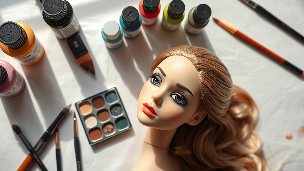 Overhead shot of makeup customization workspace with fine-tipped brushes, acrylic paint bottles in various colors, a small palette with blended eyeshadows, and a fashion doll head in progress. Natural daylight illuminates the detailed artistic setup.