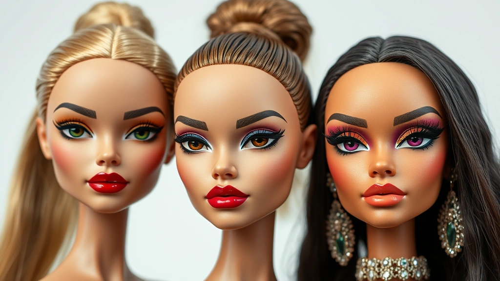 Artistic photograph of three diverse fashion dolls displaying different makeup aesthetics: clean girl natural look, bold editorial eyeshadow, and maximalist glam makeup. Each doll's face is clearly visible with professional lighting showcasing makeup detail.