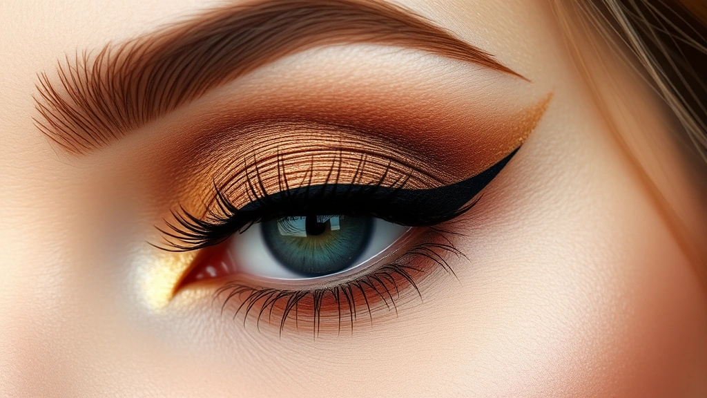 Close-up of expertly applied eyeshadow with cut crease technique, featuring warm bronze and gold tones blended seamlessly on the eyelid with winged eyeliner and volumized mascara
