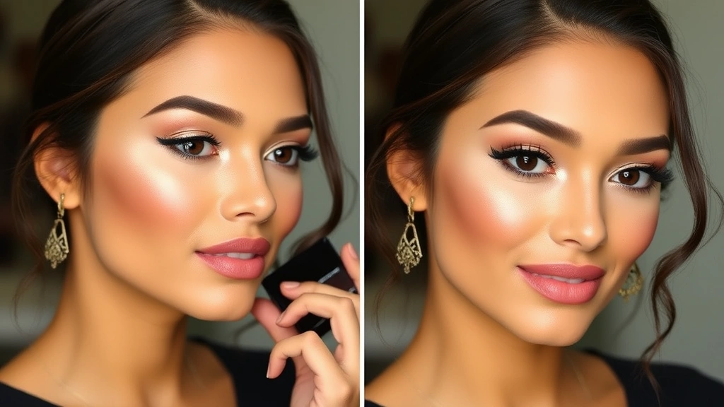 Celebrity-ready contouring and highlighting demonstration showing sculpted cheekbones, defined jawline, and glowing highlighted cheekbones with a luminous finish on medium skin tone