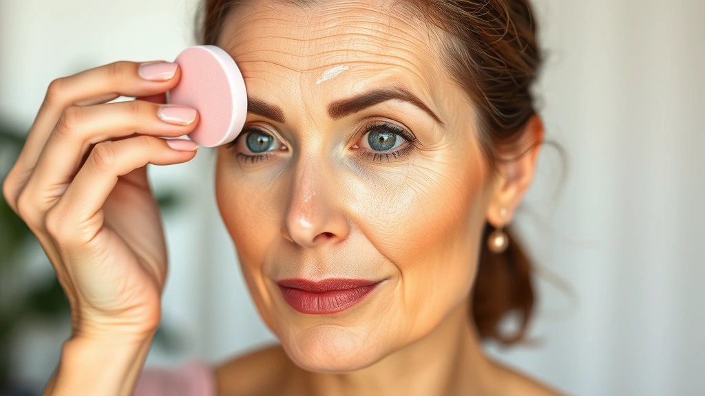 Mature woman's hands applying dewy primer to forehead with beauty sponge, showing skincare preparation for makeup application, soft natural lighting