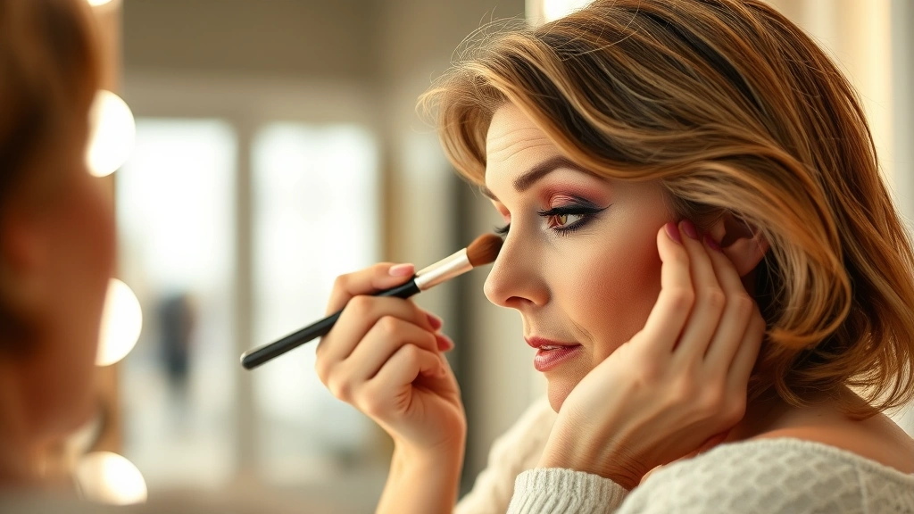 Mature woman looking in mirror applying jewel-toned eyeshadow with precision brush, showing professional eye makeup technique, warm bathroom lighting