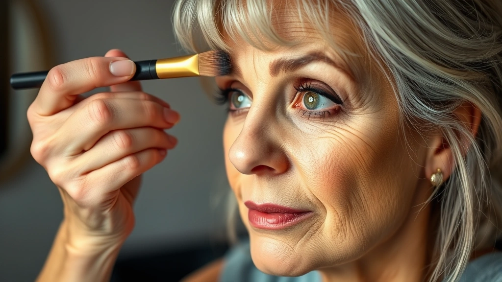 Mature woman applying warm-toned eyeshadow to upper lid with damp brush, eyes open naturally, soft indoor lighting, detailed focus on eye makeup technique