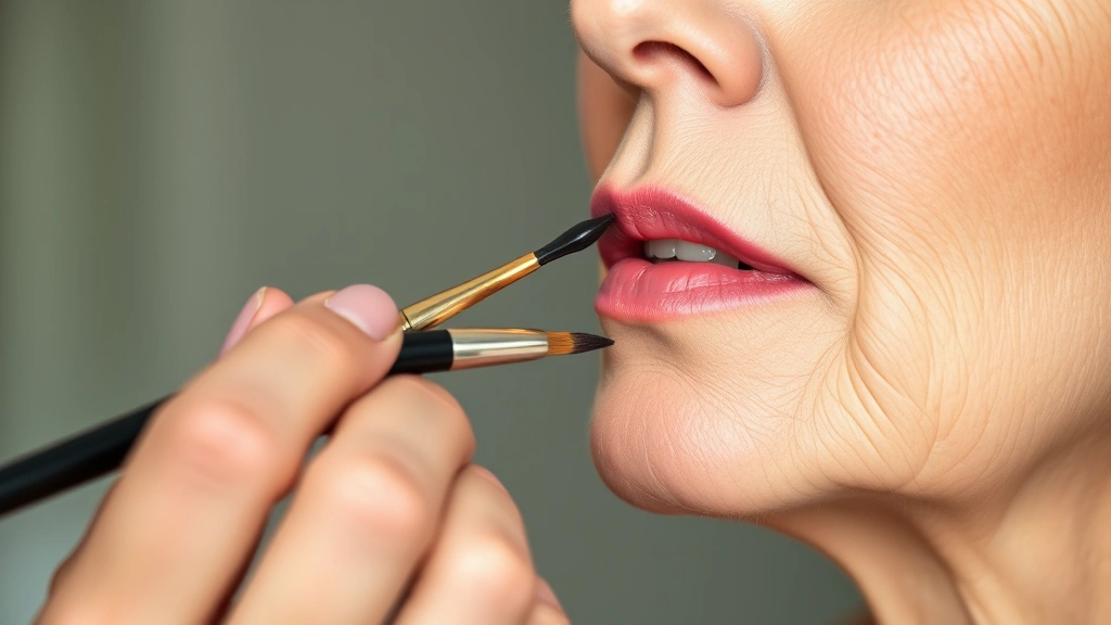 Woman 60+ applying nude-toned lip liner and warm pink lipstick with precision brush, lips close-up, natural daylight, professional makeup application